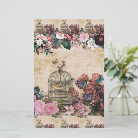 Shabbykic, collage, vogels, vlinders, bloem briefpapier (Staand voorkant)