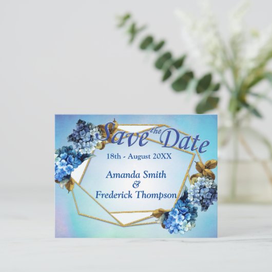 Shades / Blue Waterverf Hydrangeas Save the Dates Aankondigingskaart (Staand voorkant)
