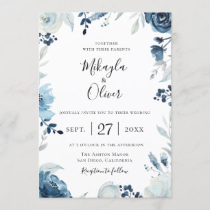 Shades of Blue Botanical Floral Wedding Invitation Kaart