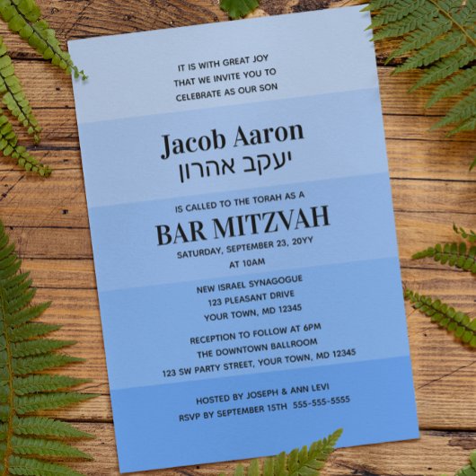 Shades of Blue Hebreeuws Naam Bar Mitzvah Uitnodig Kaart