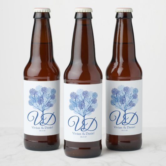 Shades of Blue of Elegant Tree Design Bier Etiket (Flessen)