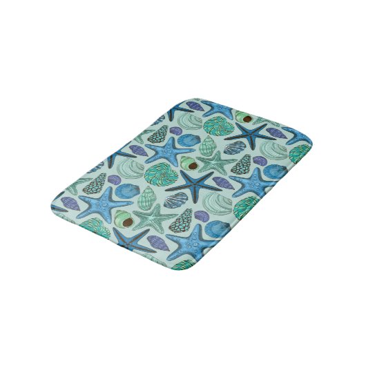 Shades of Blue Seashells and Starfish Pattern Badmat (Gekanteld)