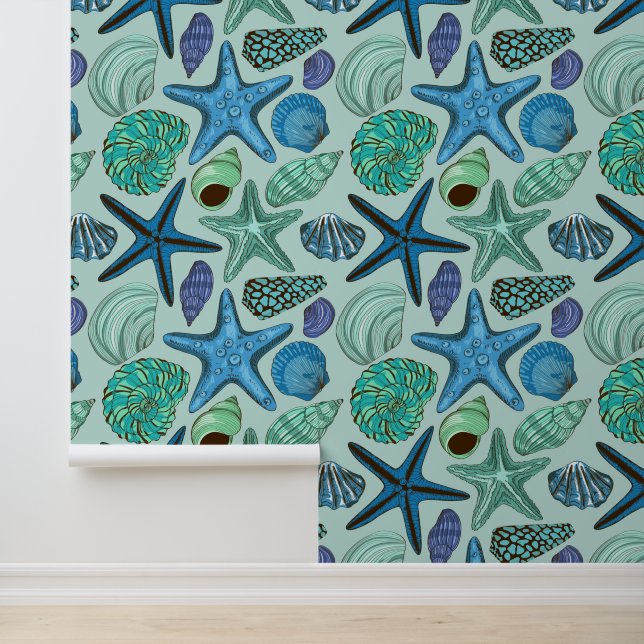 Shades of Blue Seashells and Starfish Pattern Behang (Applicatie)