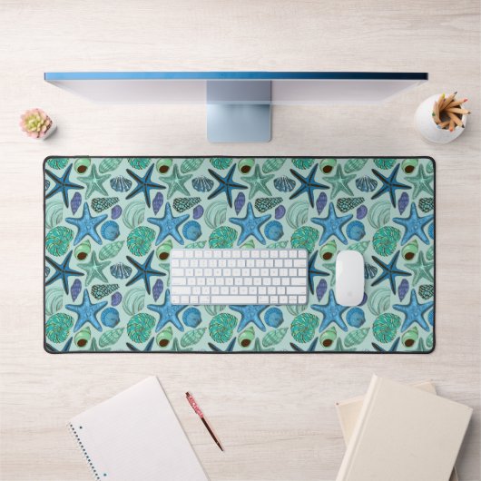 Shades of Blue Seashells and Starfish Pattern Bureaumat (Kantoor 1)