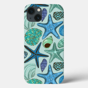 Shades of Blue Seashells and Starfish Pattern iPhone 13 Hoesje