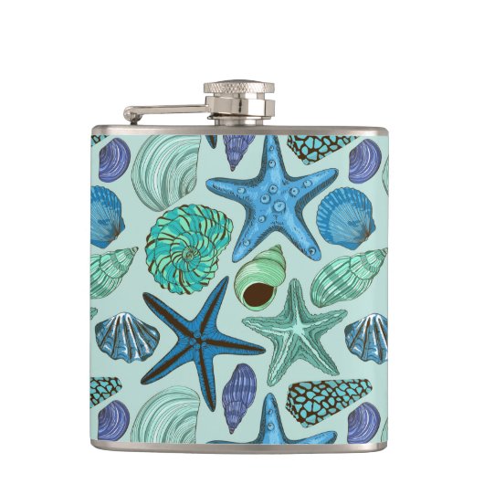 Shades of Blue Seashells and Starfish Pattern Heupfles (Voorkant)