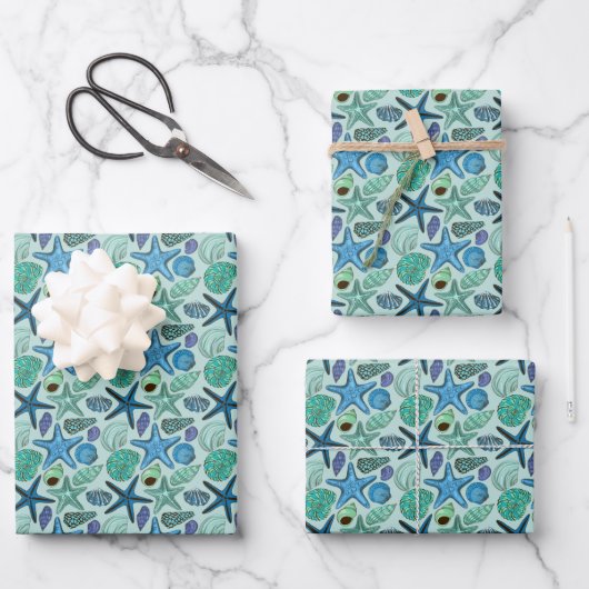 Shades of Blue Seashells and Starfish Pattern Inpakpapier Vel (Voorkant)