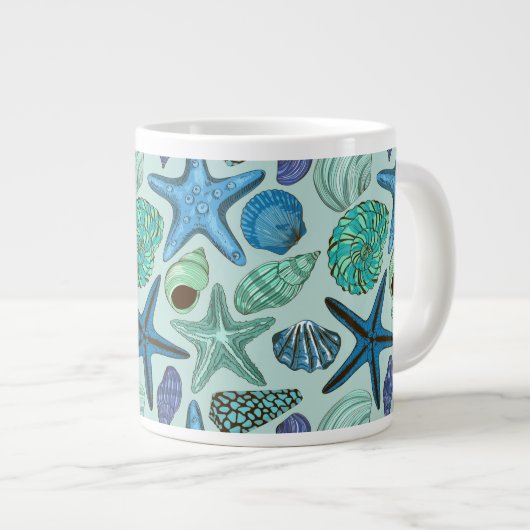 Shades of Blue Seashells and Starfish Pattern Jumbo Beker (Voorkant rechts)
