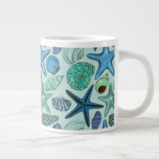 Shades of Blue Seashells and Starfish Pattern Jumbo Beker (Rechts)