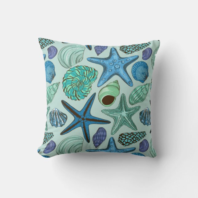 Shades of Blue Seashells and Starfish Pattern Kussen (Voorkant)