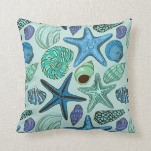 Shades of Blue Seashells and Starfish Pattern Kussen