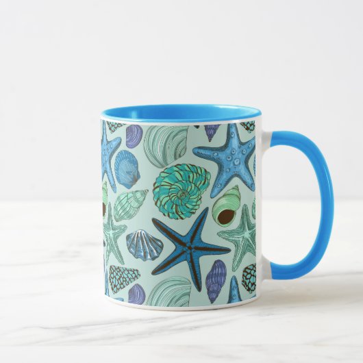Shades of Blue Seashells and Starfish Pattern Mok (Rechts)