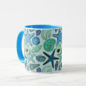 Shades of Blue Seashells and Starfish Pattern Mok (Voorkant links)