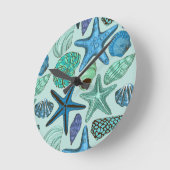 Shades of Blue Seashells and Starfish Pattern Ronde Klok (Hoek)