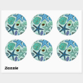 Shades of Blue Seashells and Starfish Pattern Ronde Sticker (Vel)