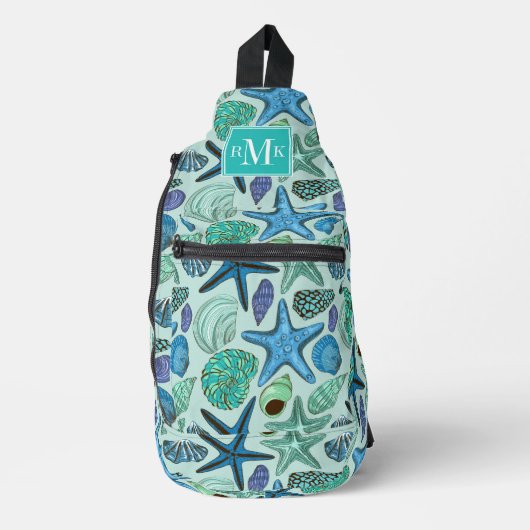 Shades of Blue Seashells and Starfish Pattern Sling Bag (Voorkant)