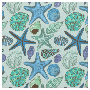 Shades of Blue Seashells and Starfish Pattern Stof