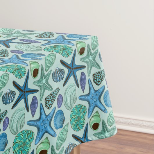 Shades of Blue Seashells and Starfish Pattern Tafelkleed (Voorbeeld)