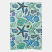 Shades of Blue Seashells and Starfish Pattern Theedoek (Verticaal)