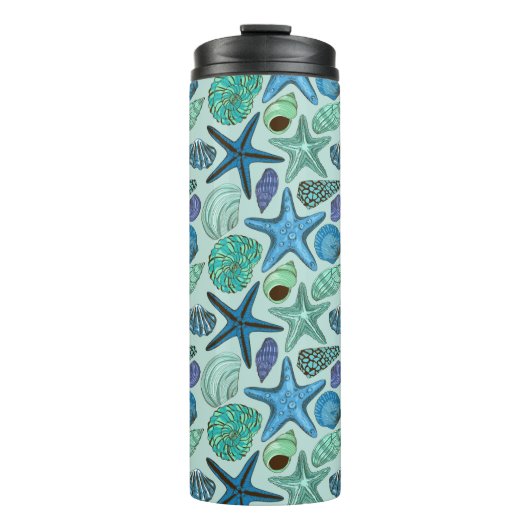 Shades of Blue Seashells and Starfish Pattern Thermosbeker (Voorkant)