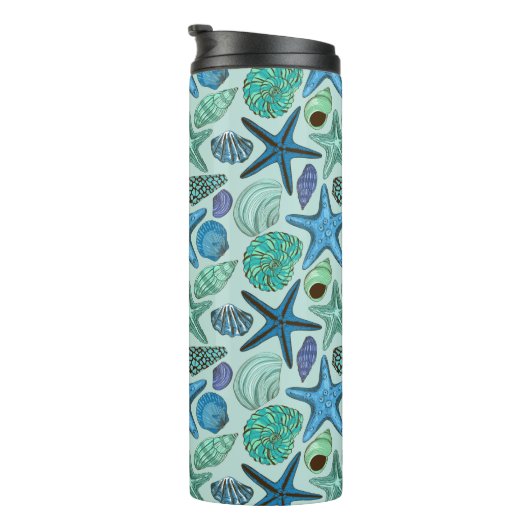 Shades of Blue Seashells and Starfish Pattern Thermosbeker (Geroteerd rechts)