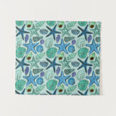 Shades of Blue Seashells and Starfish Pattern Wandkleed (Voorkant (horizontaal))