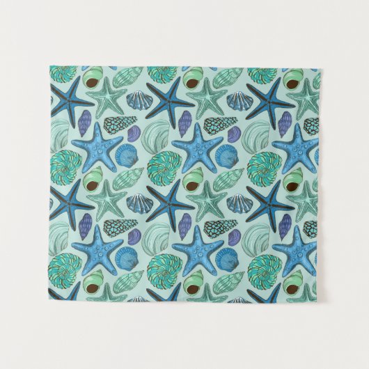 Shades of Blue Seashells and Starfish Pattern Wandkleed (Voorkant (horizontaal))