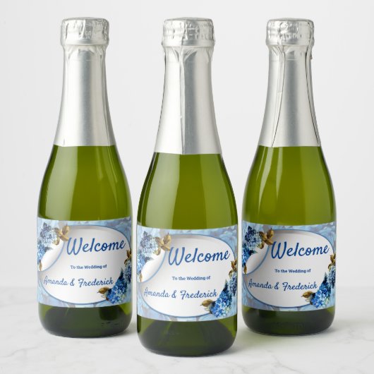 Shades of Blue Waterverf Hydrangeas Sparkling Wijnetiket (Flessen)