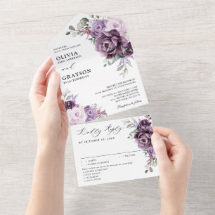 Shades of Dusty Paars Blooms Moody Floral Wedding All In One Uitnodiging