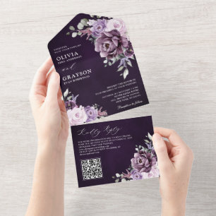 Shades of Dusty Paars Blooms Moody Floral Wedding All In One Uitnodiging