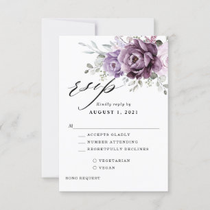 Shades of Dusty Paars Blooms Moody Floral Wedding RSVP Kaartje