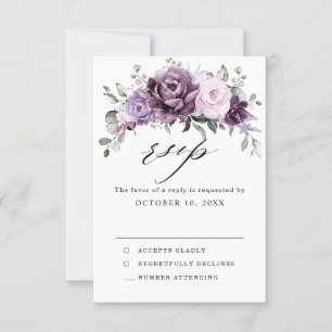 Shades of Dusty Paars Blooms Moody Floral Wedding RSVP Kaartje