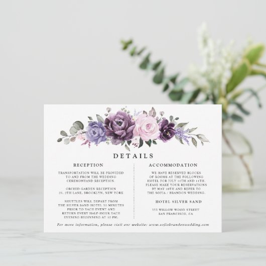 Shades of Dusty Paarse Bloemen Bruiloft Details Informatiekaartje (Staand voorkant)