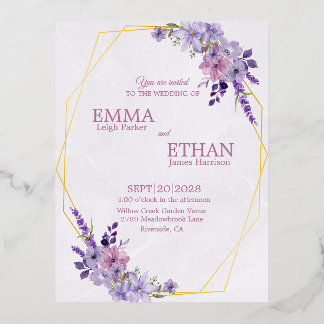 Shades of Dusty Purple Blooms Geometric Wedding  Folie Uitnodiging Briefkaart