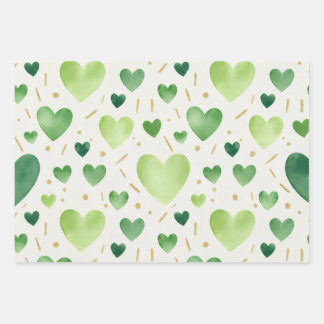Shades of Green Watercolor Hearts and Gold Glitter Inpakpapier Vel