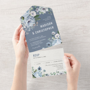 Shades of Grey Dusty Blue Winter Rustic Wedding Al All In One Uitnodiging