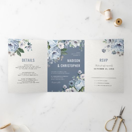 Shades of Grey Dusty Blue Winter Rustic Wedding Tr Drieluik Aankondiging (Binnen)