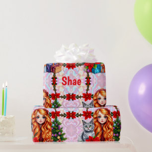 SHAE ~ Kerstmeisje en Kat ~ Cadeaupapier