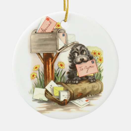  Shaggy-puppy met post Keramisch Ornament (Voorkant)