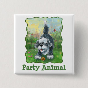 Shaggy Sheep Dog Party Center Vierkante Button 5,1 Cm