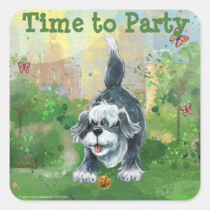 Shaggy Sheep Dog Party Center Vierkante Sticker