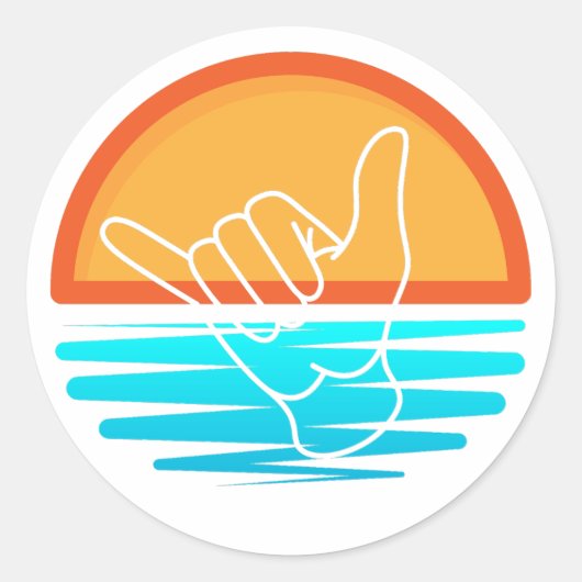 Shaka Surfer Handteken Over Strand Zonsondergang S Ronde Sticker (Voorkant)
