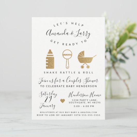 Shake Rattle and Roll Baby shower Invitation Kaart (Staand voorkant)