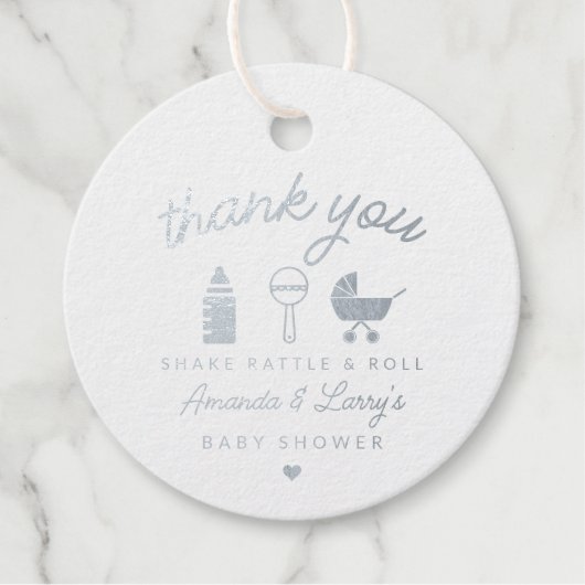 Shake Rattle en Roll Baby shower Bedankjes Labels (Voorkant)