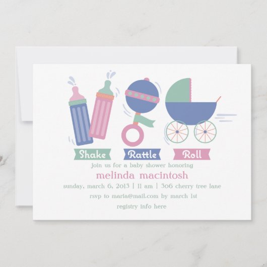 Shake Rattle & Roll Baby shower Invitation Kaart (Voorkant)