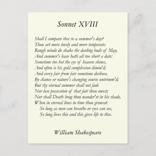 Shakespeare Sonnet # 18 Briefkaart (Voorkant)