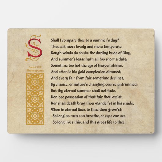 Shakespeare Sonnet 18 (XVIII) op het perkament Fotoplaat (voorkant)