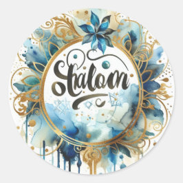Shalom Blue Gold Wreath Abstract Modern Trendy Ronde Sticker
