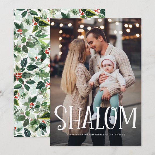 Shalom White Lettering Overlay Foto Hanukkah Feestdagenkaart (Voorkant / Achterkant)