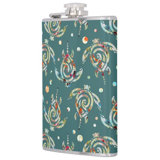 Shamanic Zee Turtles Pattern + uw achtergrondkleur Heupfles (Links)